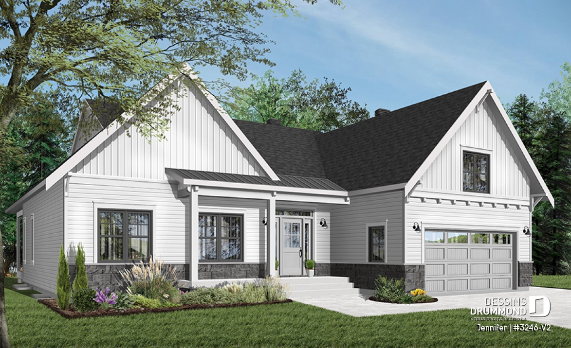 Vue avant - MODÈLE DE BASE - Plan de plain-pied avec garage double, cuisine et salon aménagés à l'arrière, grande terrasse abritée - Jennifer