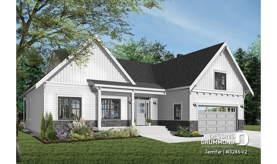 Vue avant - MODÈLE DE BASE - Plan de plain-pied avec garage double, cuisine et salon aménagés à l'arrière, grande terrasse abritée - Jennifer