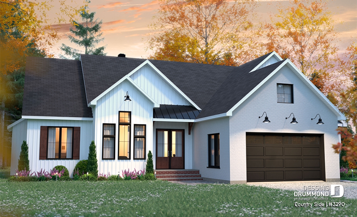 Vue avant - MODÈLE DE BASE - Plain-pied 3 chambres, 2 salles de bain, plafond 9' + cathédral, garde-manger, garage double, buanderie - Country Side