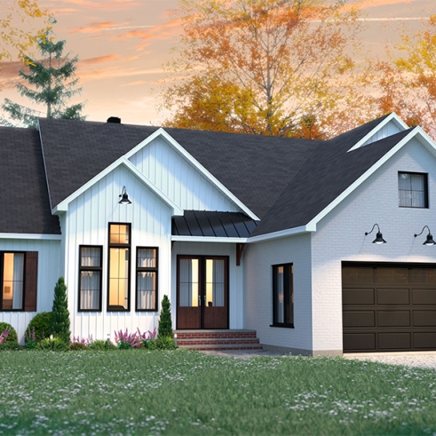 Vue avant - MODÈLE DE BASE - Plain-pied 3 chambres, 2 salles de bain, plafond 9' + cathédral, garde-manger, garage double, buanderie - Country Side
