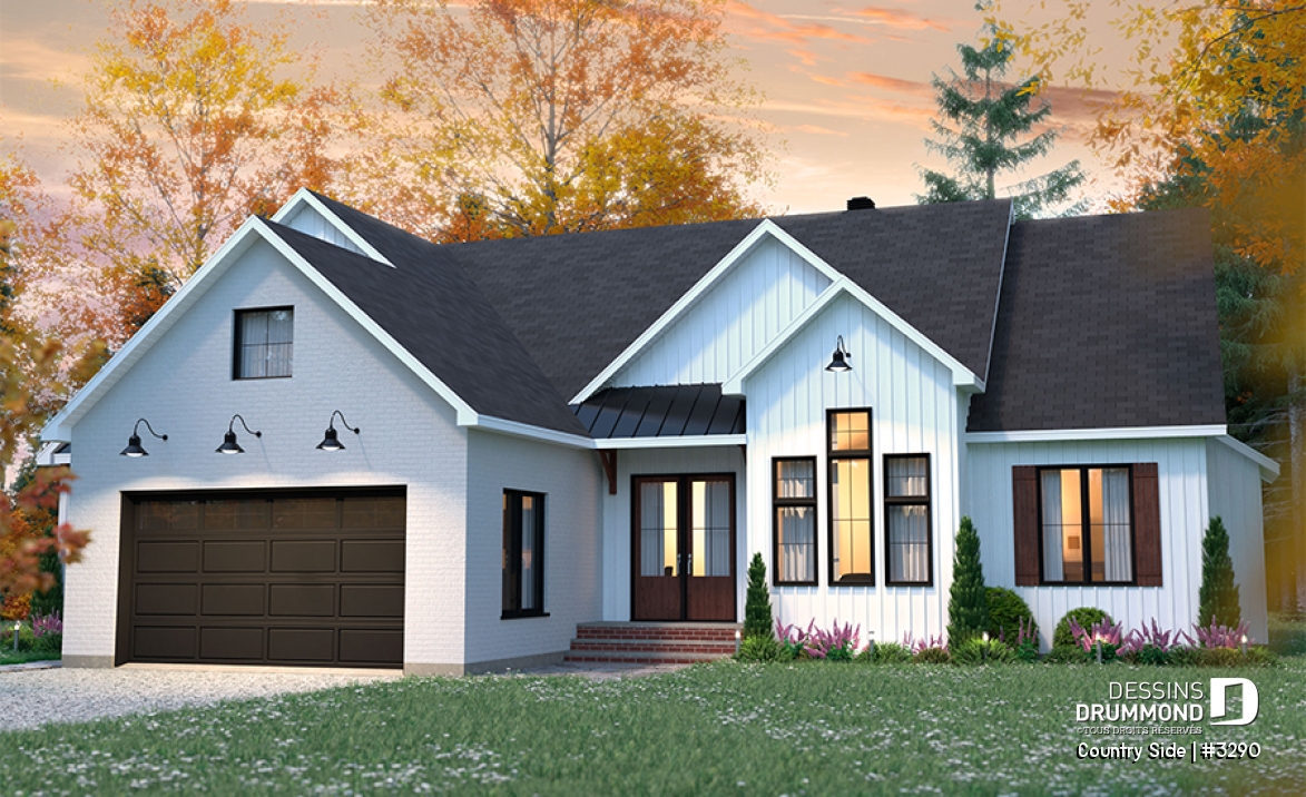 Vue avant - MODÈLE DE BASE - Plain-pied 3 chambres, 2 salles de bain, plafond 9' + cathédral, garde-manger, garage double, buanderie - Country Side