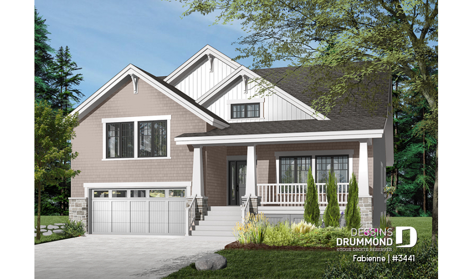 Version couleur no. 5 - Vue avant - Bungalow pour famille reconstituée, chambre des maîtres au rez-de-chaussée, 3 à 4 chambres, garage double - Fabienne