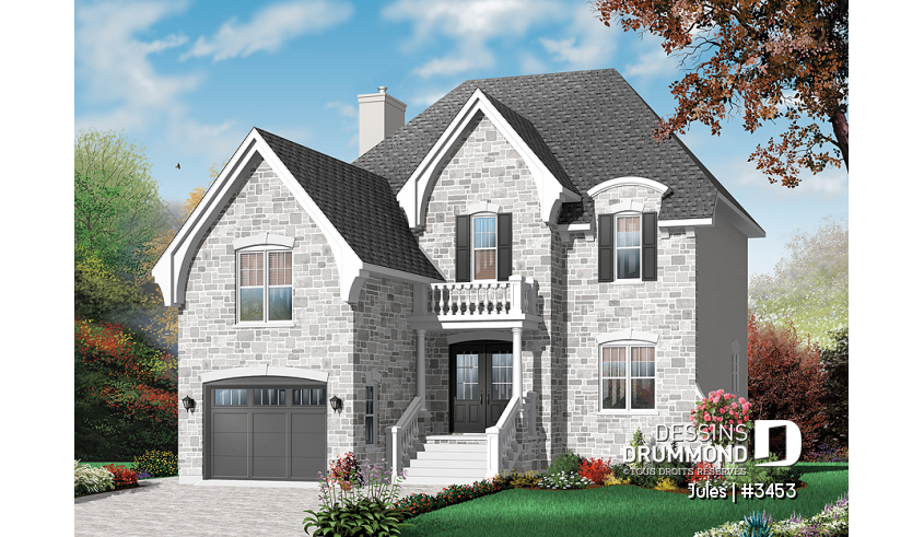 Vue avant - MODÈLE DE BASE - Cottage pour terrain étroit, bureau, 3 chambres, garage, espace boni - Jules