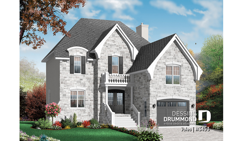 Vue avant - MODÈLE DE BASE du plan de maison unifamiliale 3453 Vue avant - MODÈLE DE BASE - Cottage pour terrain étroit, bureau, 3 chambres, garage, espace boni - Jules