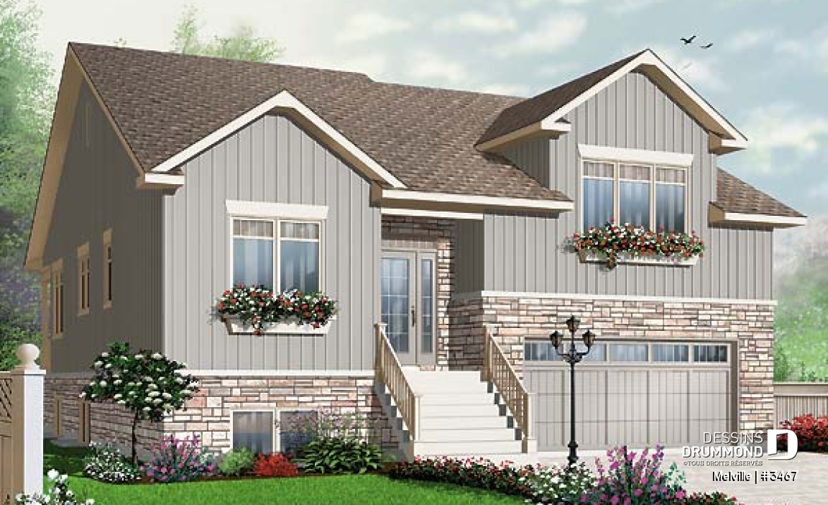 Vue avant - MODÈLE DE BASE - Plan de maison de genre split livel 3 à 4 chambres, magnifique suite des parents, bureau, garage double - Melville