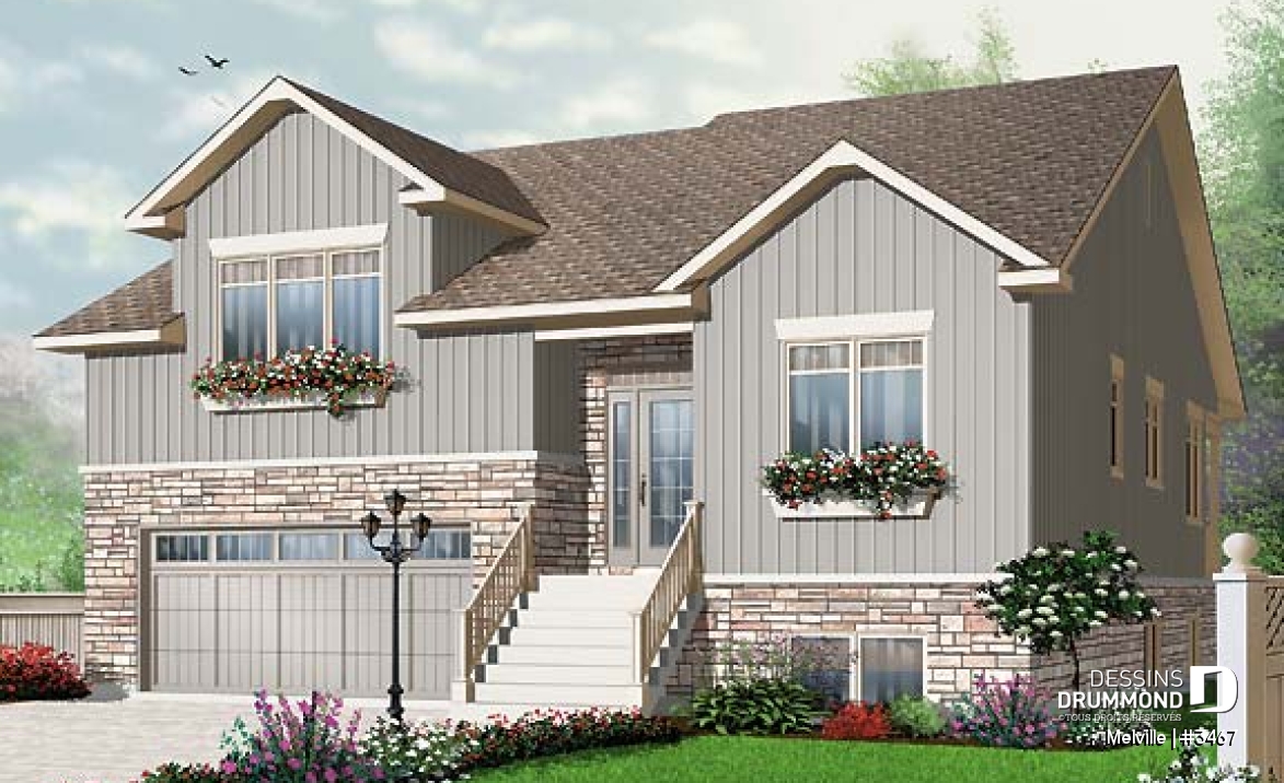 Vue avant - MODÈLE DE BASE - Plan de maison de genre split livel 3 à 4 chambres, magnifique suite des parents, bureau, garage double - Melville