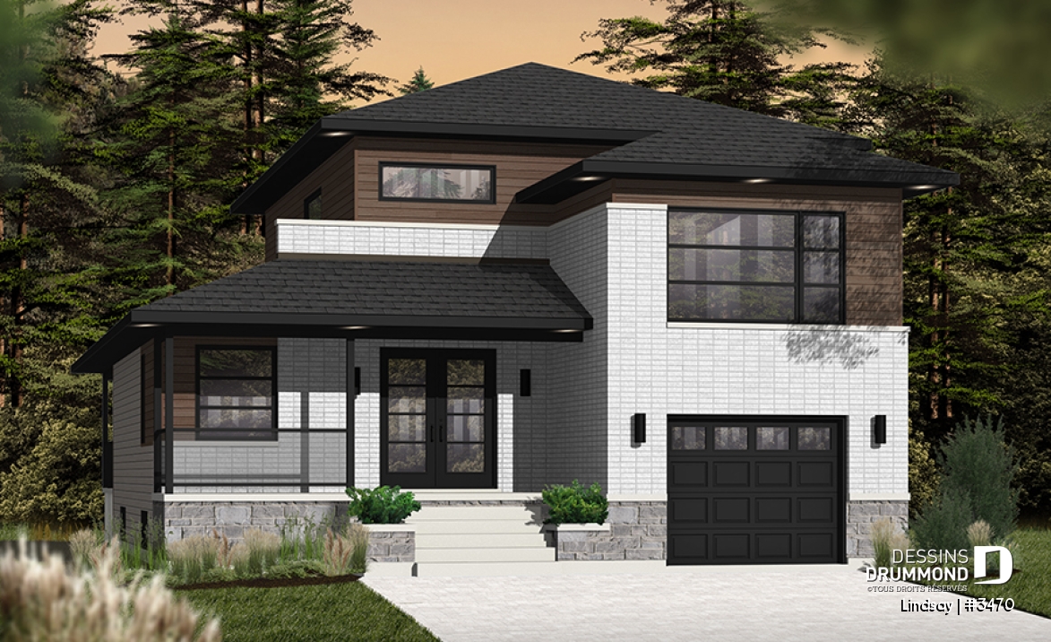 Vue avant - MODÈLE DE BASE - Plan modèle contemporain, 3 à 4 chambres, bureau, foyer, îlot à la cuisine, balcon arrière couvert, garage - Lindsay