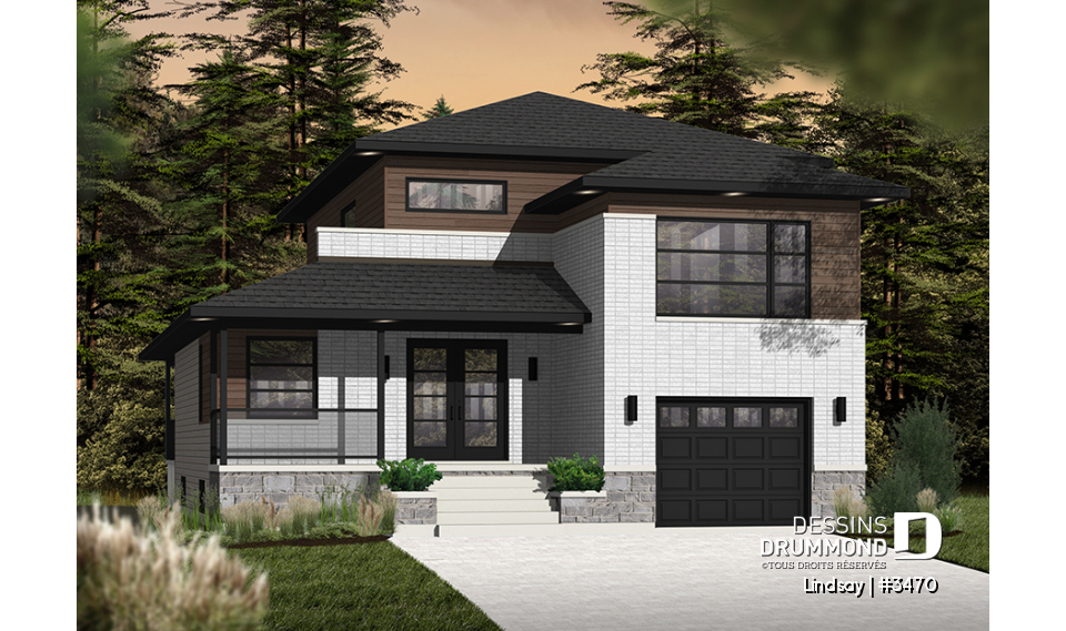 Vue avant - MODÈLE DE BASE - Plan modèle contemporain, 3 à 4 chambres, bureau, foyer, îlot à la cuisine, balcon arrière couvert, garage - Lindsay