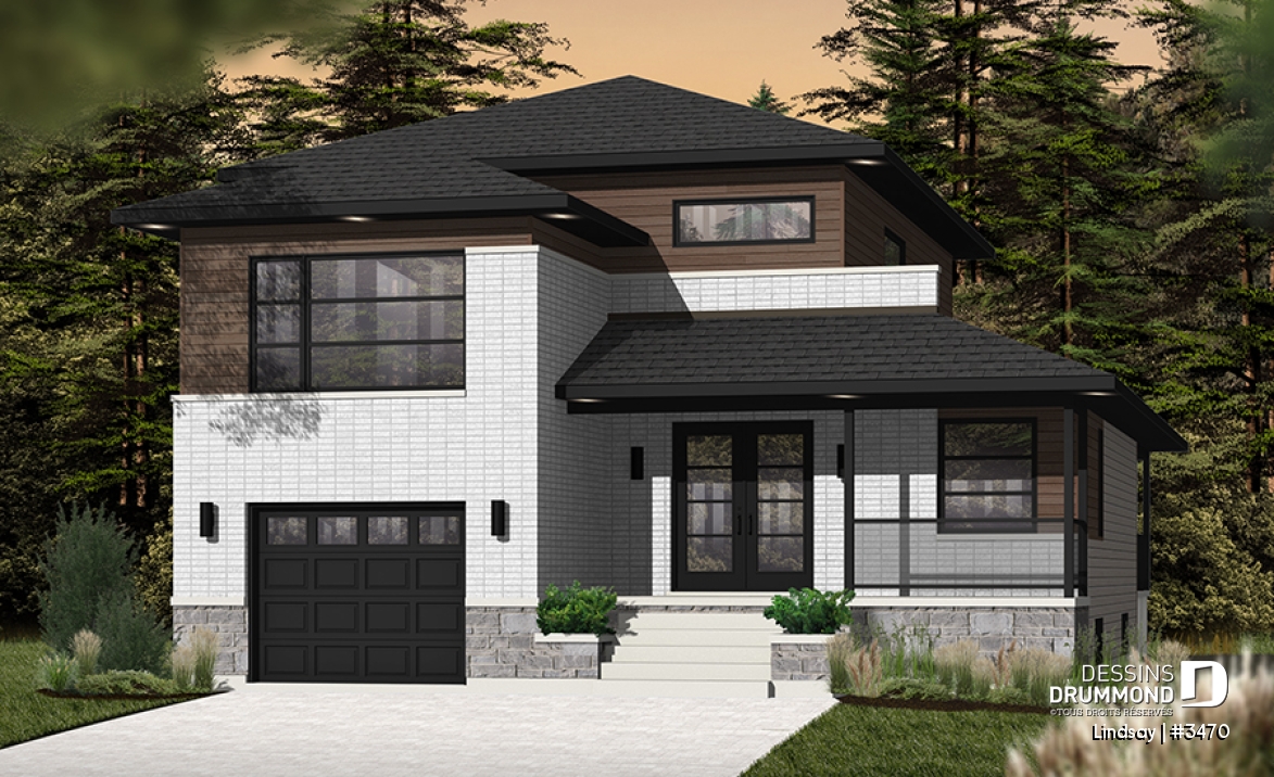 Vue avant - MODÈLE DE BASE - Plan modèle contemporain, 3 à 4 chambres, bureau, foyer, îlot à la cuisine, balcon arrière couvert, garage - Lindsay