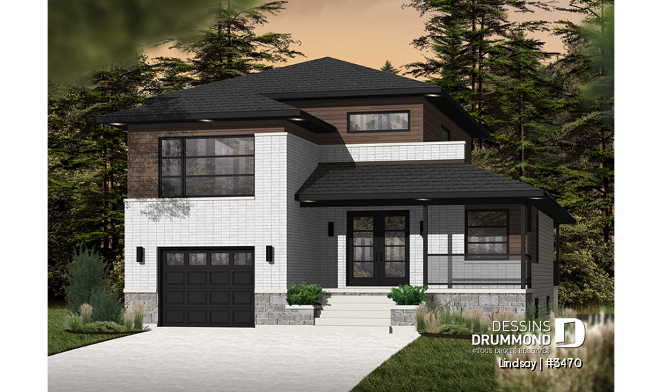 Vue avant - MODÈLE DE BASE - Plan modèle contemporain, 3 à 4 chambres, bureau, foyer, îlot à la cuisine, balcon arrière couvert, garage - Lindsay
