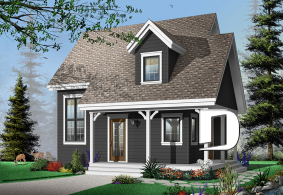 Version couleur no. 3 - Vue avant - Plan de maison de style champêtre, aire ouverte au rez-de-chaussée, 2 chambres, galerie couverte, foyer - Lamarche