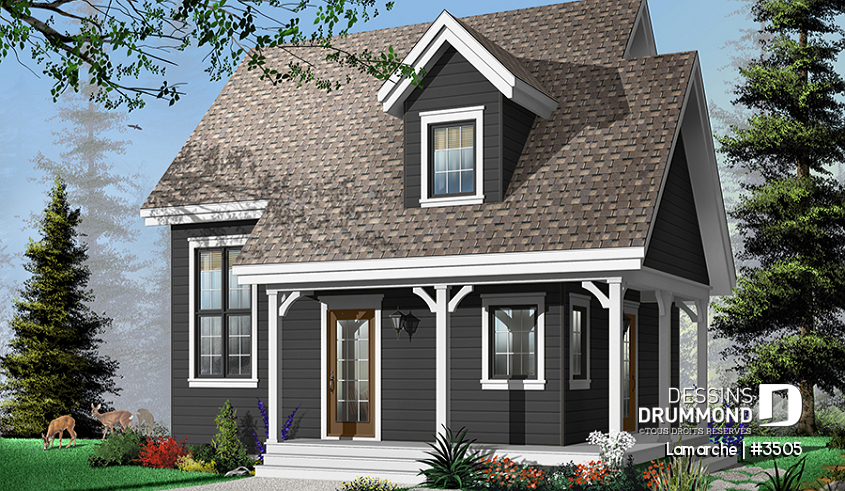 Version couleur no. 3 - Vue avant - Plan de maison de style champêtre, aire ouverte au rez-de-chaussée, 2 chambres, galerie couverte, foyer - Lamarche