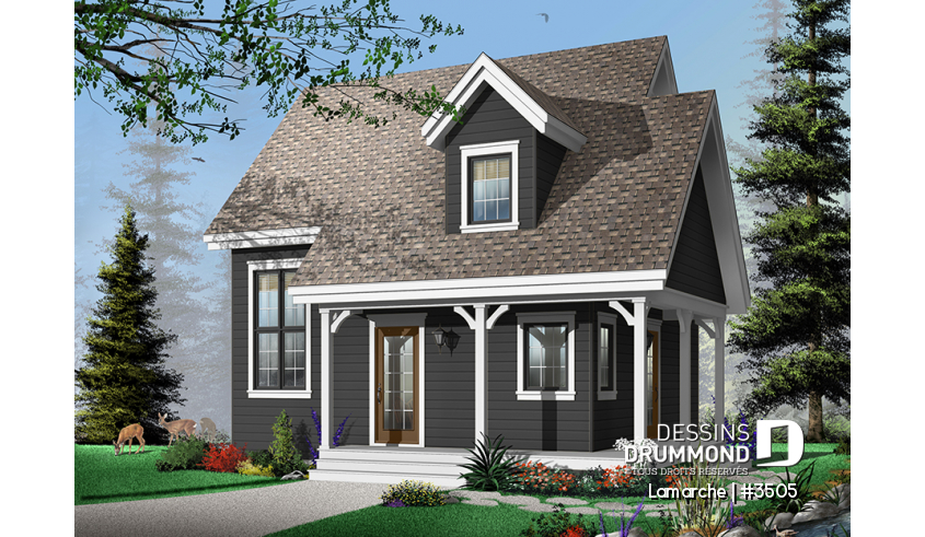Version couleur no. 3 - Vue avant - Plan de maison de style champêtre, aire ouverte au rez-de-chaussée, 2 chambres, galerie couverte, foyer - Lamarche