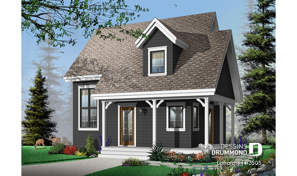 Version couleur no. 3 - Vue avant - Plan de maison de style champêtre, aire ouverte au rez-de-chaussée, 2 chambres, galerie couverte, foyer - Lamarche