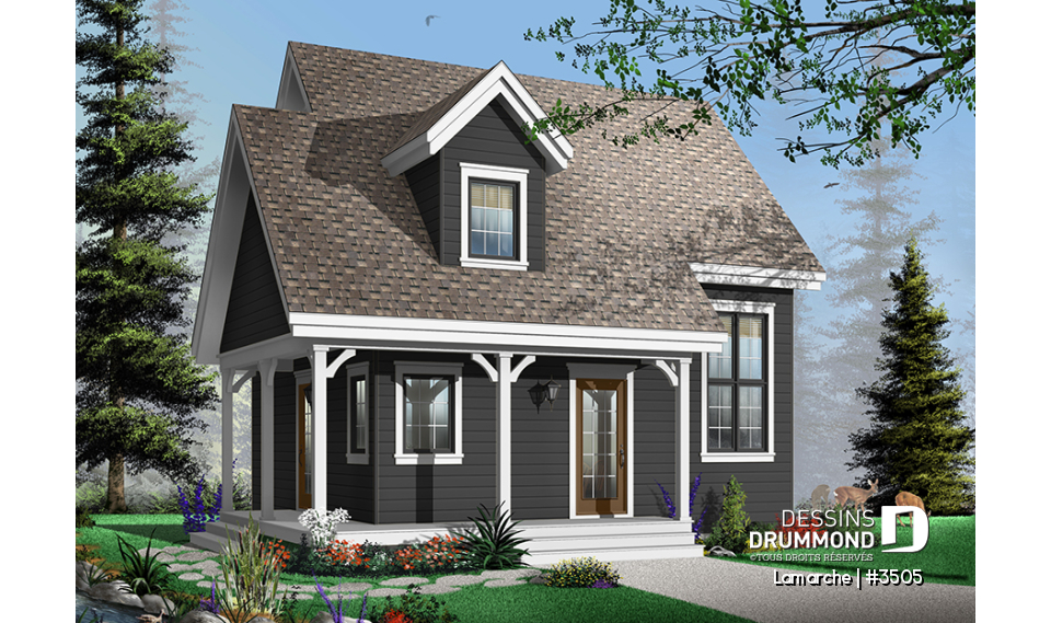 Version couleur no. 3 - Vue avant - Plan de maison de style champêtre, aire ouverte au rez-de-chaussée, 2 chambres, galerie couverte, foyer - Lamarche