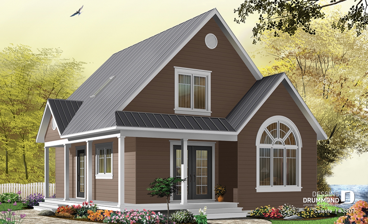 Vue avant - MODÈLE DE BASE - Plan de Cottage abordable, 2 à 3 chambres, galerie abritée, plafond cathédrale au séjour, mezzanine à l'étage - Celeste 