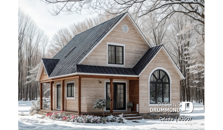 Vue avant - MODÈLE DE BASE - Plan de Cottage abordable, 2 à 3 chambres, galerie abritée, plafond cathédrale au séjour, mezzanine à l'étage - Celeste 