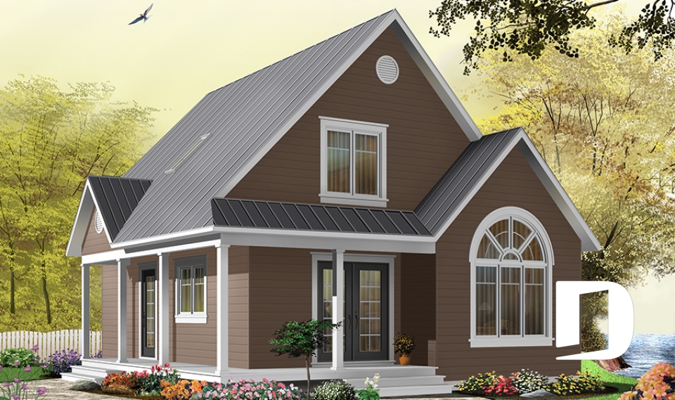 Vue avant - MODÈLE DE BASE - Plan de Cottage abordable, 2 à 3 chambres, galerie abritée, plafond cathédrale au séjour, mezzanine à l'étage - Celeste 