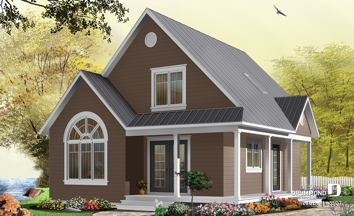 Vue avant - MODÈLE DE BASE - Plan de Cottage abordable, 2 à 3 chambres, galerie abritée, plafond cathédrale au séjour, mezzanine à l'étage - Celeste 