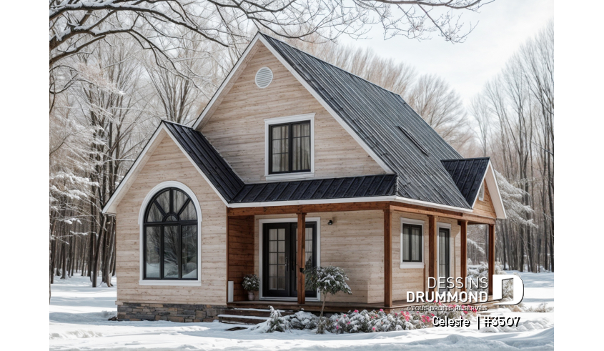 Vue avant - MODÈLE DE BASE - Plan de Cottage abordable, 2 à 3 chambres, galerie abritée, plafond cathédrale au séjour, mezzanine à l'étage - Celeste 