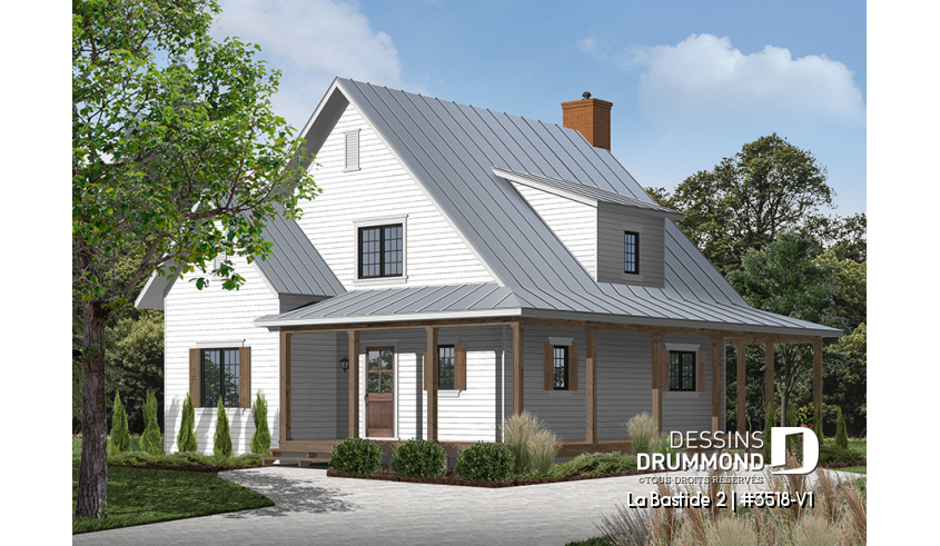 Version couleur no. 1 - Vue avant du plan de maison unifamiliale 3518-V1 Version couleur no. 1 - Vue avant - La Bastide 2
