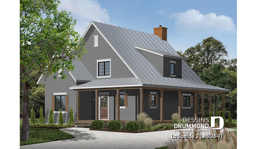 Version couleur no. 3 - Vue avant du plan de maison unifamiliale 3518-V1 Version couleur no. 3 - Vue avant - La Bastide 2