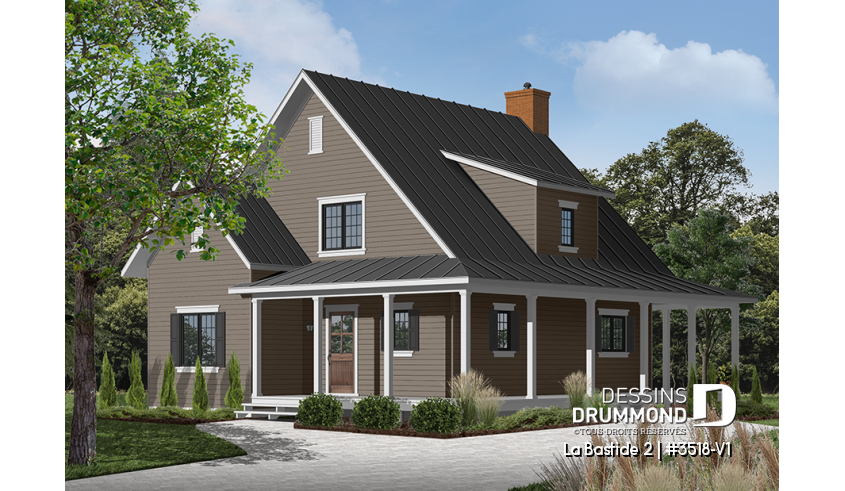 Version couleur no. 5 - Vue avant du plan de maison unifamiliale 3518-V1 Version couleur no. 5 - Vue avant - La Bastide 2