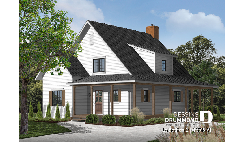 Vue avant - MODÈLE DE BASE du plan de maison unifamiliale 3518-V1 Vue avant - MODÈLE DE BASE - La Bastide 2