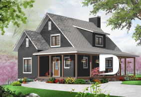 Version couleur no. 1 - Vue avant - Plan de maison champêtre, 3 chambres, balcon couvert sur 3 faces, foyer, mezzanine, parents au premier - La Bastide