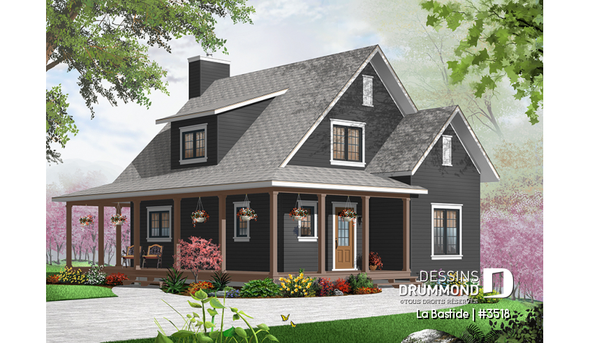 Version couleur no. 1 - Vue avant - Plan de maison champêtre, 3 chambres, balcon couvert sur 3 faces, foyer, mezzanine, parents au premier - La Bastide