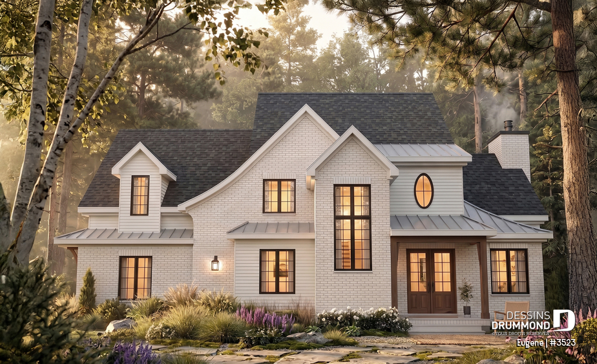 Vue avant - MODÈLE DE BASE - Plan de maison Tudor d’inspiration anglaise avec garage double et jusqu’à 5 chambres - Eugene