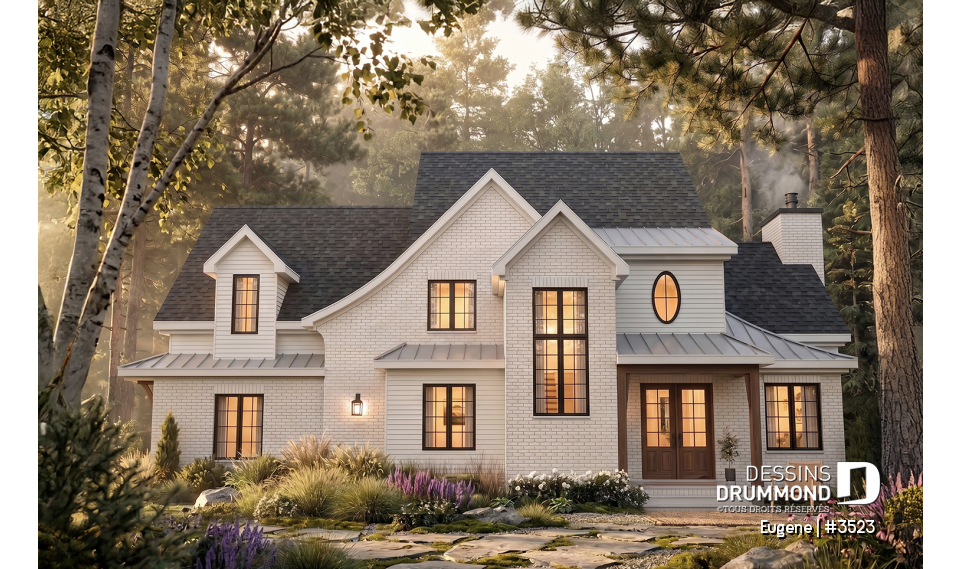 Vue avant - MODÈLE DE BASE - Plan de maison Tudor d’inspiration anglaise avec garage double et jusqu’à 5 chambres - Eugene