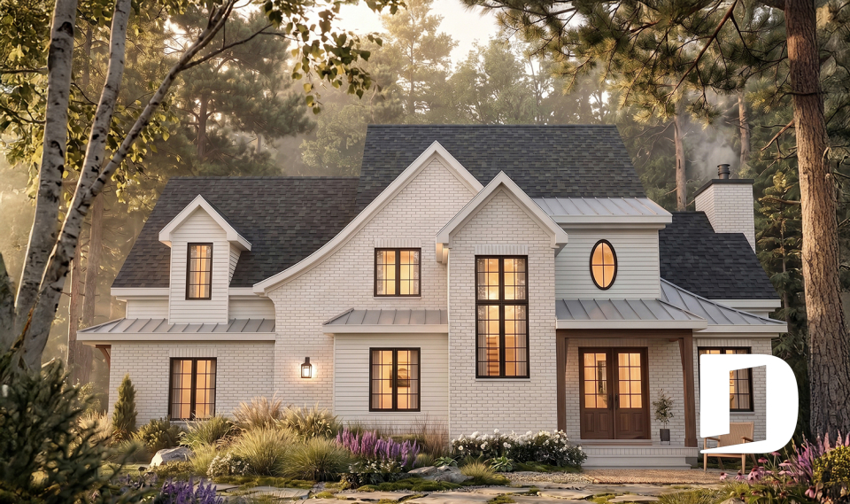 Vue avant - MODÈLE DE BASE - Plan de maison Tudor d’inspiration anglaise avec garage double et jusqu’à 5 chambres - Eugene