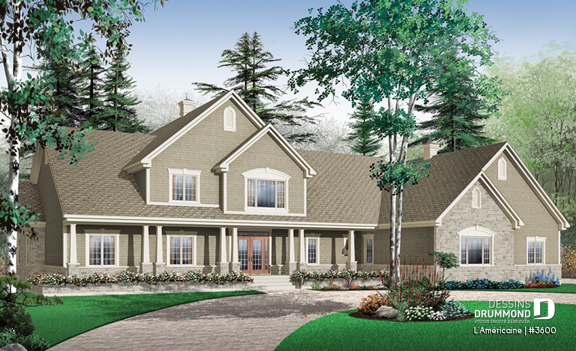 Vue avant - MODÈLE DE BASE - Plan de style bungalow avec 5 à 6 chambres, garage triple, solarium avec spa, plafond 9' sur tout le r-d-c  - L'Américaine