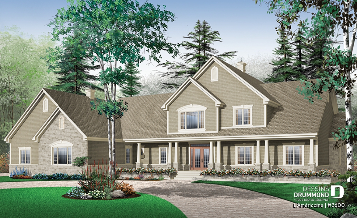 Vue avant - MODÈLE DE BASE - Plan de style bungalow avec 5 à 6 chambres, garage triple, solarium avec spa, plafond 9' sur tout le r-d-c  - L'Américaine