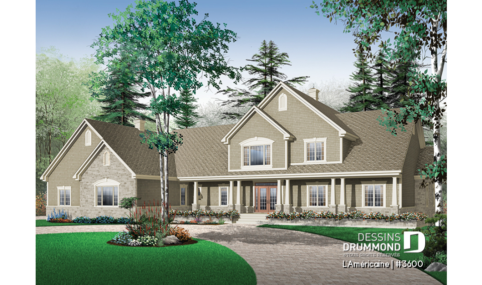 Vue avant - MODÈLE DE BASE - Plan de style bungalow avec 5 à 6 chambres, garage triple, solarium avec spa, plafond 9' sur tout le r-d-c  - L'Américaine