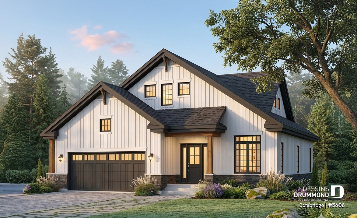 Vue avant - MODÈLE DE BASE - Plan de Maison 4-5 chambres, style barndominium, suite principale au rdc, garage double - Cambridge