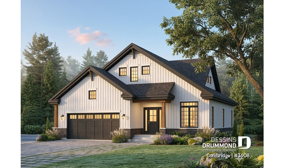 Vue avant - MODÈLE DE BASE - Plan de Maison 4-5 chambres, style barndominium, suite principale au rdc, garage double - Cambridge