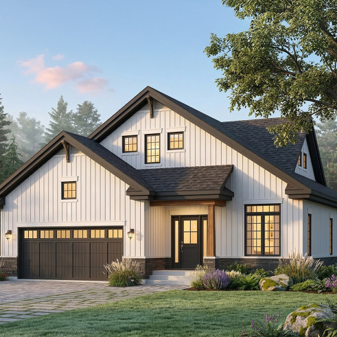 Vue avant - MODÈLE DE BASE - Plan de Maison 4-5 chambres, style barndominium, suite principale au rdc, garage double - Cambridge