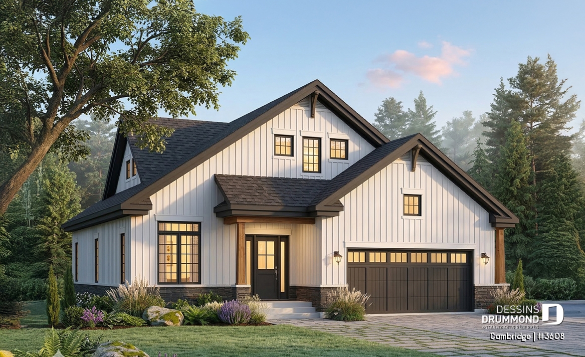 Vue avant - MODÈLE DE BASE - Plan de Maison 4-5 chambres, style barndominium, suite principale au rdc, garage double - Cambridge