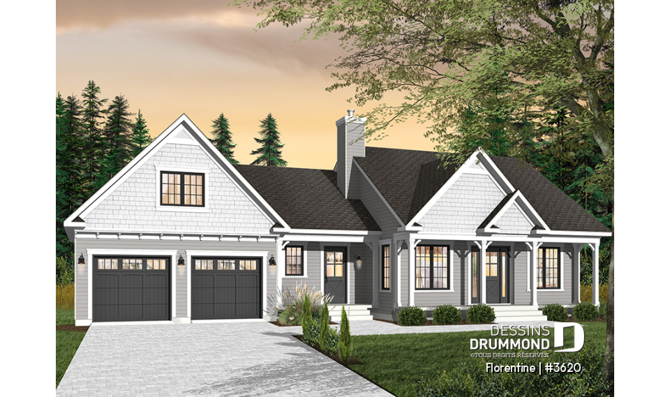 Version couleur no. 2 - Vue avant - Plan de maison plain-pied, 3 chambres, garage double, espace ouvert, vestiaire - Florentine