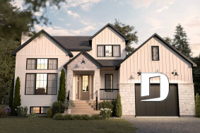 Vue avant - MODÈLE DE BASE - Plan de maison farmhouse moderne 2 à 4 chambres, garage, superbe salon à l'avant avec cathédrale et foyer - Belanger