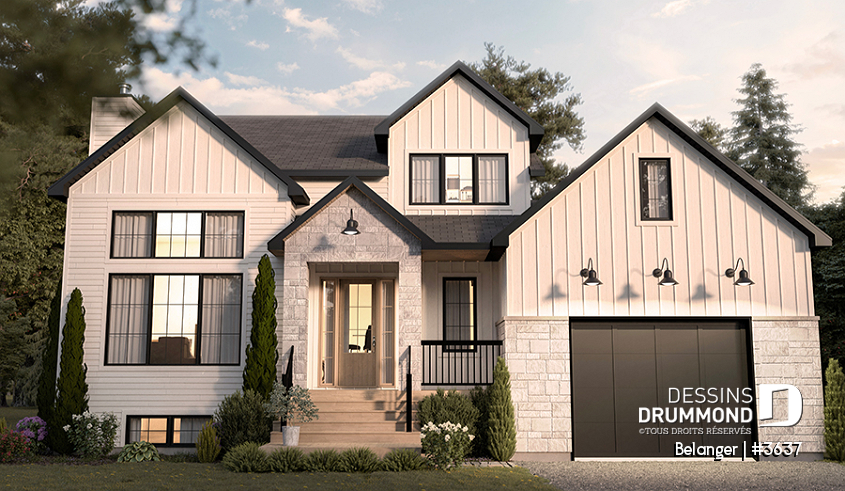 Vue avant - MODÈLE DE BASE - Plan de maison farmhouse moderne 2 à 4 chambres, garage, superbe salon à l'avant avec cathédrale et foyer - Belanger