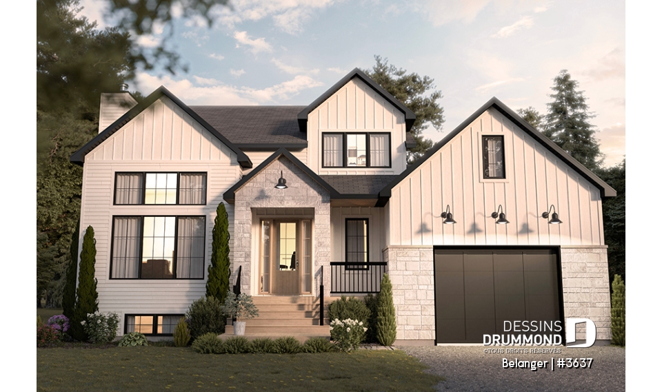Vue avant - MODÈLE DE BASE - Plan de maison farmhouse moderne 2 à 4 chambres, garage, superbe salon à l'avant avec cathédrale et foyer - Belanger
