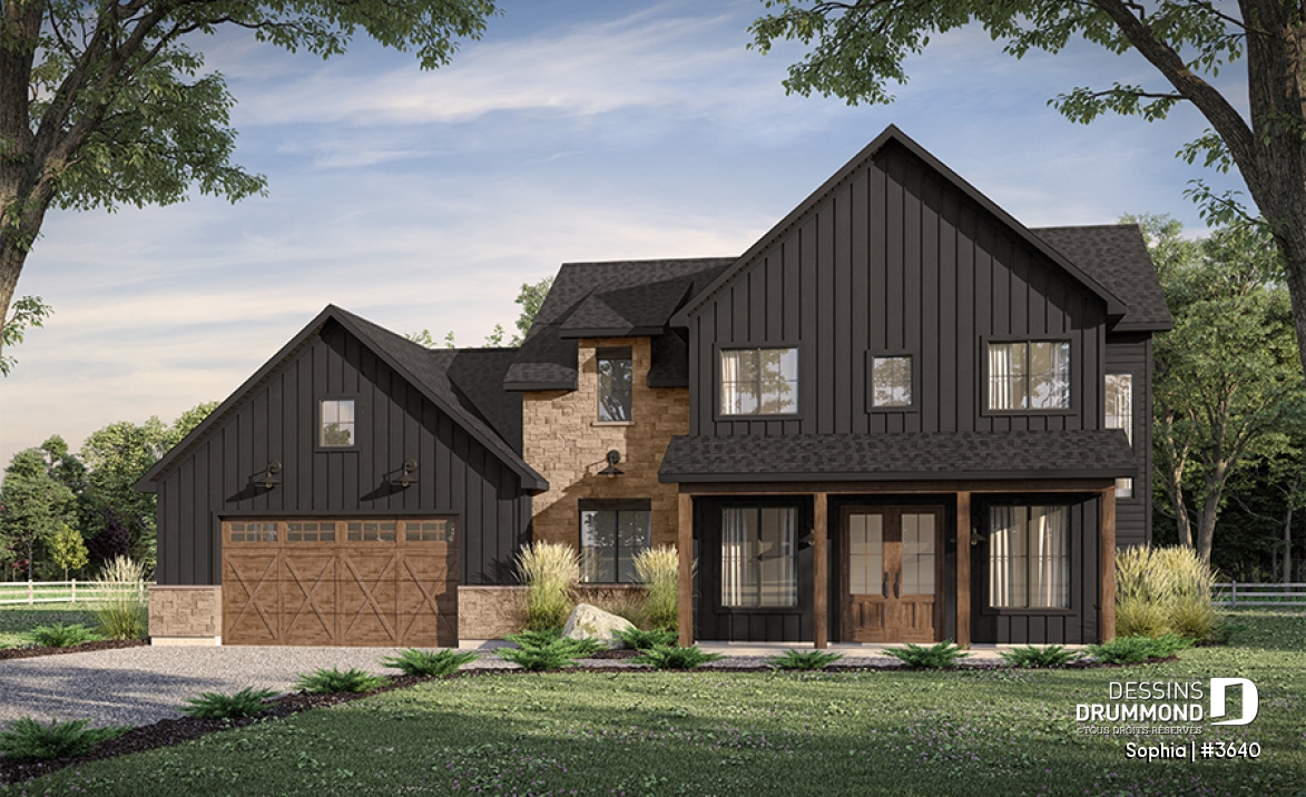 Vue avant - MODÈLE DE BASE - Maison Farmhouse à étage avec garage double, 3 chambres et magnifique vue panoramique à l'arrière de la maison - Sophia