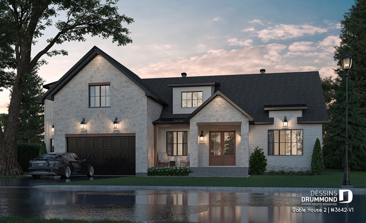 Vue avant - MODÈLE DE BASE - Plan de maison classique à étage, 4 + chambres, garage double et sous-sol optionnel - Gable House 2