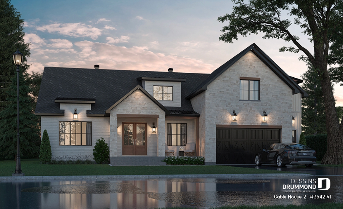 Vue avant - MODÈLE DE BASE - Plan de maison classique à étage, 4 + chambres, garage double et sous-sol optionnel - Gable House 2
