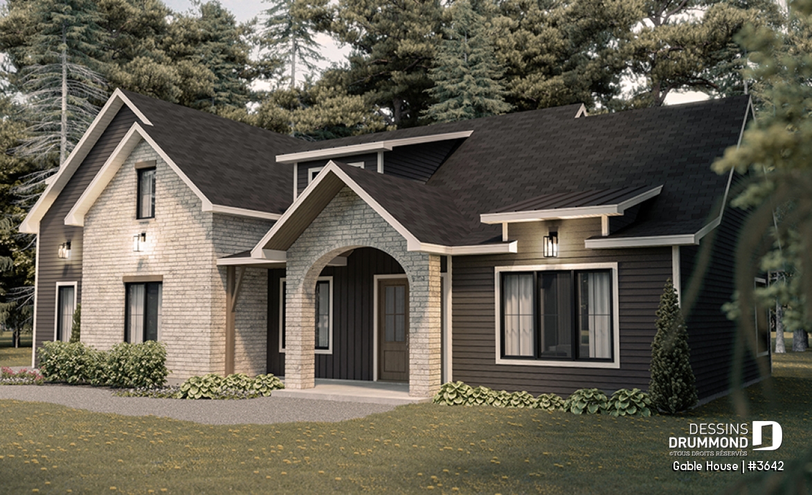 Vue avant - MODÈLE DE BASE - Maison style Moderne Français sur dalle proposant garage, 3 à 4 chambres, aire ouverte, vestiaire et plus! - Gable House