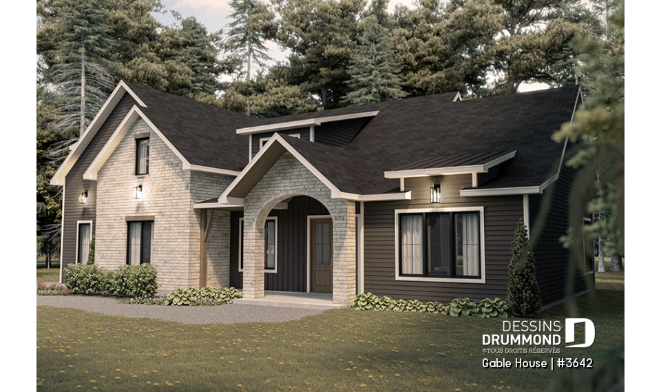 Vue avant - MODÈLE DE BASE - Maison style Moderne Français sur dalle proposant garage, 3 à 4 chambres, aire ouverte, vestiaire et plus! - Gable House