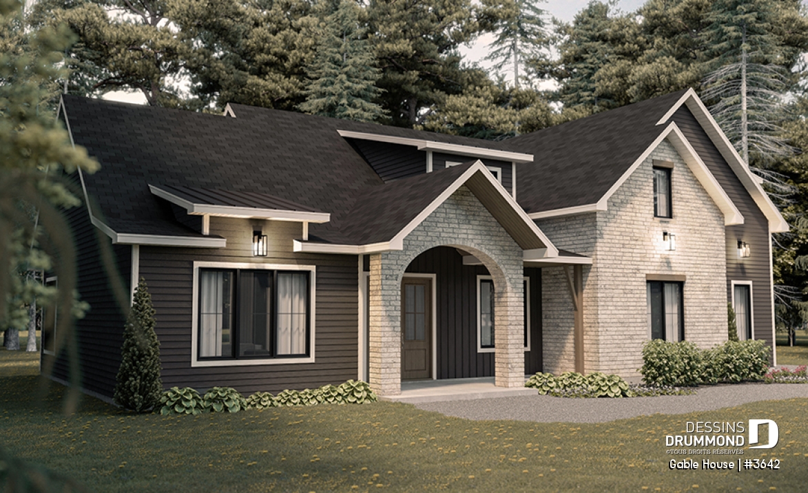 Vue avant - MODÈLE DE BASE - Maison style Moderne Français sur dalle proposant garage, 3 à 4 chambres, aire ouverte, vestiaire et plus! - Gable House